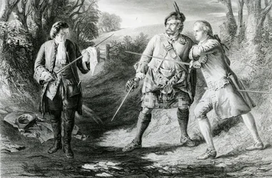 Rob Roy trennt Duellanten Rashleigh und Francis Osbaldistone, graviert von John Le Conte (fl.1850-86) 1867